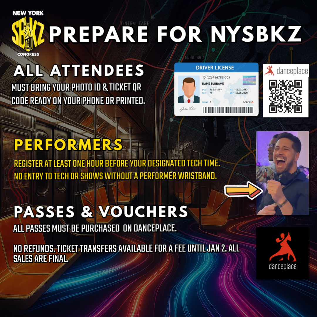 Prepare for NY SBKZ Congress 2027: bring photo ID and ticket QR code; performer registration; passes on DancePlace; transfers until Jan 2, no refunds